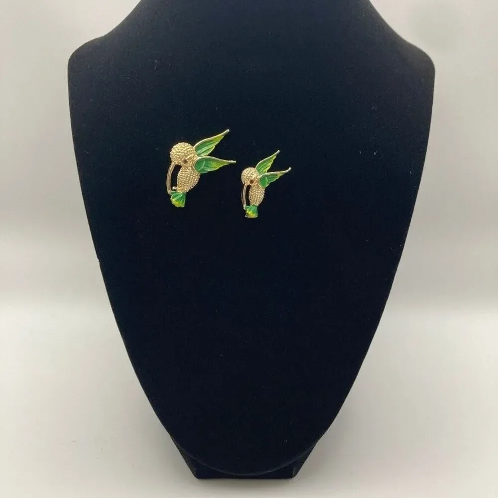 Gerry Vintage Hummingbird Pin Set of 2 Gold Tone Green/Yl Enamel Rhinestone